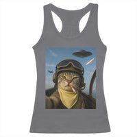 Cat Selfie With Alien UFO Racerback Tank Top Retro Space Sci-Fi Cat Pilot - Wonder Print Shop
