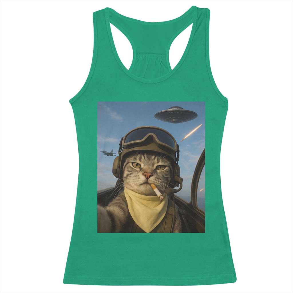 Cat Selfie With Alien UFO Racerback Tank Top Retro Space Sci-Fi Cat Pilot - Wonder Print Shop