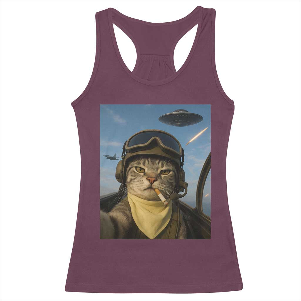Cat Selfie With Alien UFO Racerback Tank Top Retro Space Sci-Fi Cat Pilot - Wonder Print Shop