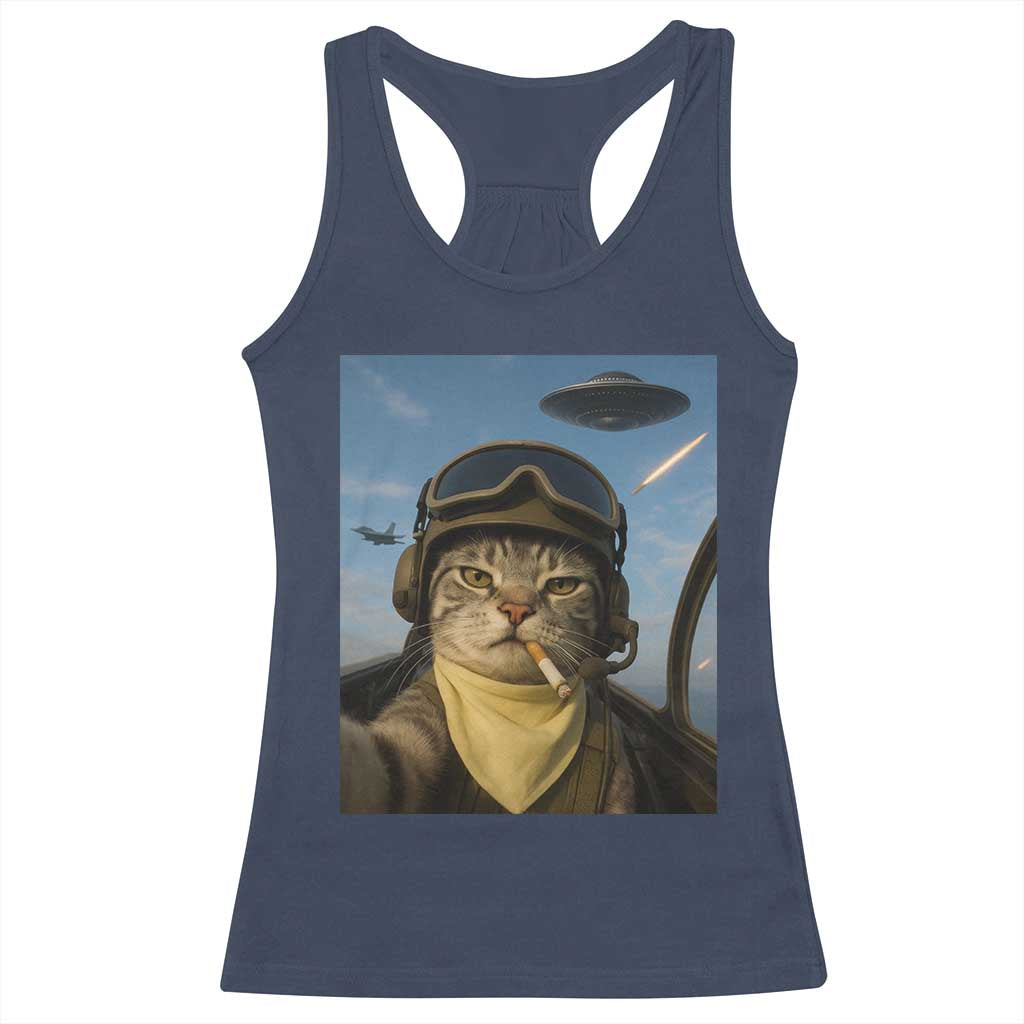 Cat Selfie With Alien UFO Racerback Tank Top Retro Space Sci-Fi Cat Pilot - Wonder Print Shop