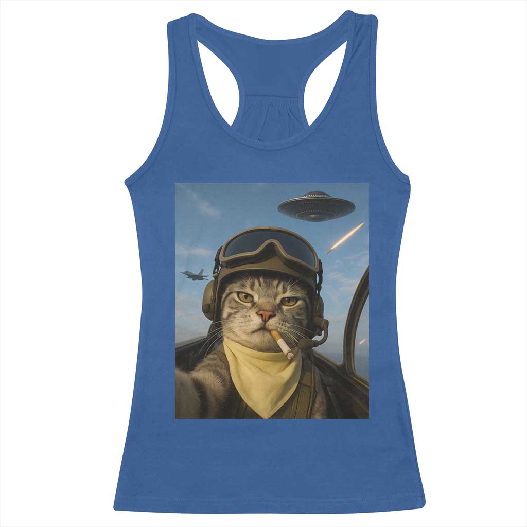 Cat Selfie With Alien UFO Racerback Tank Top Retro Space Sci-Fi Cat Pilot - Wonder Print Shop
