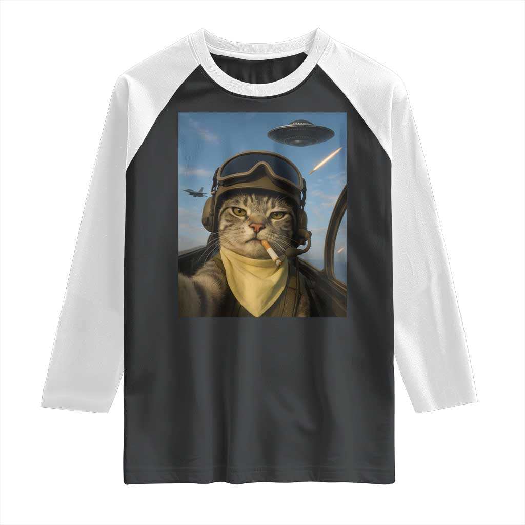 Cat Selfie With Alien UFO Raglan Shirt Retro Space Sci-Fi Cat Pilot - Wonder Print Shop