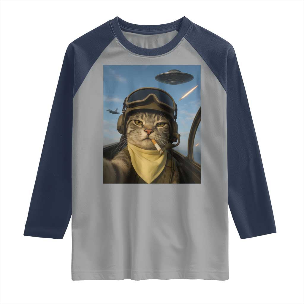Cat Selfie With Alien UFO Raglan Shirt Retro Space Sci-Fi Cat Pilot - Wonder Print Shop