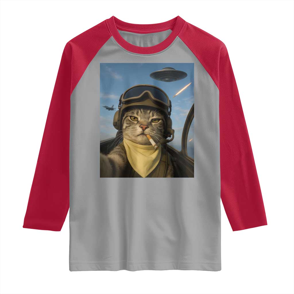 Cat Selfie With Alien UFO Raglan Shirt Retro Space Sci-Fi Cat Pilot - Wonder Print Shop