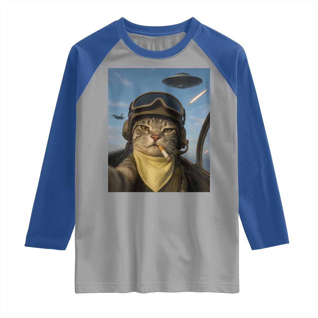Cat Selfie With Alien UFO Raglan Shirt Retro Space Sci-Fi Cat Pilot - Wonder Print Shop