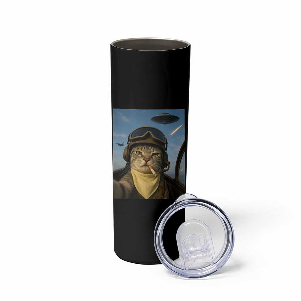 Cat Selfie With Alien UFO Skinny Tumbler Retro Space Sci-Fi Cat Pilot - Wonder Print Shop