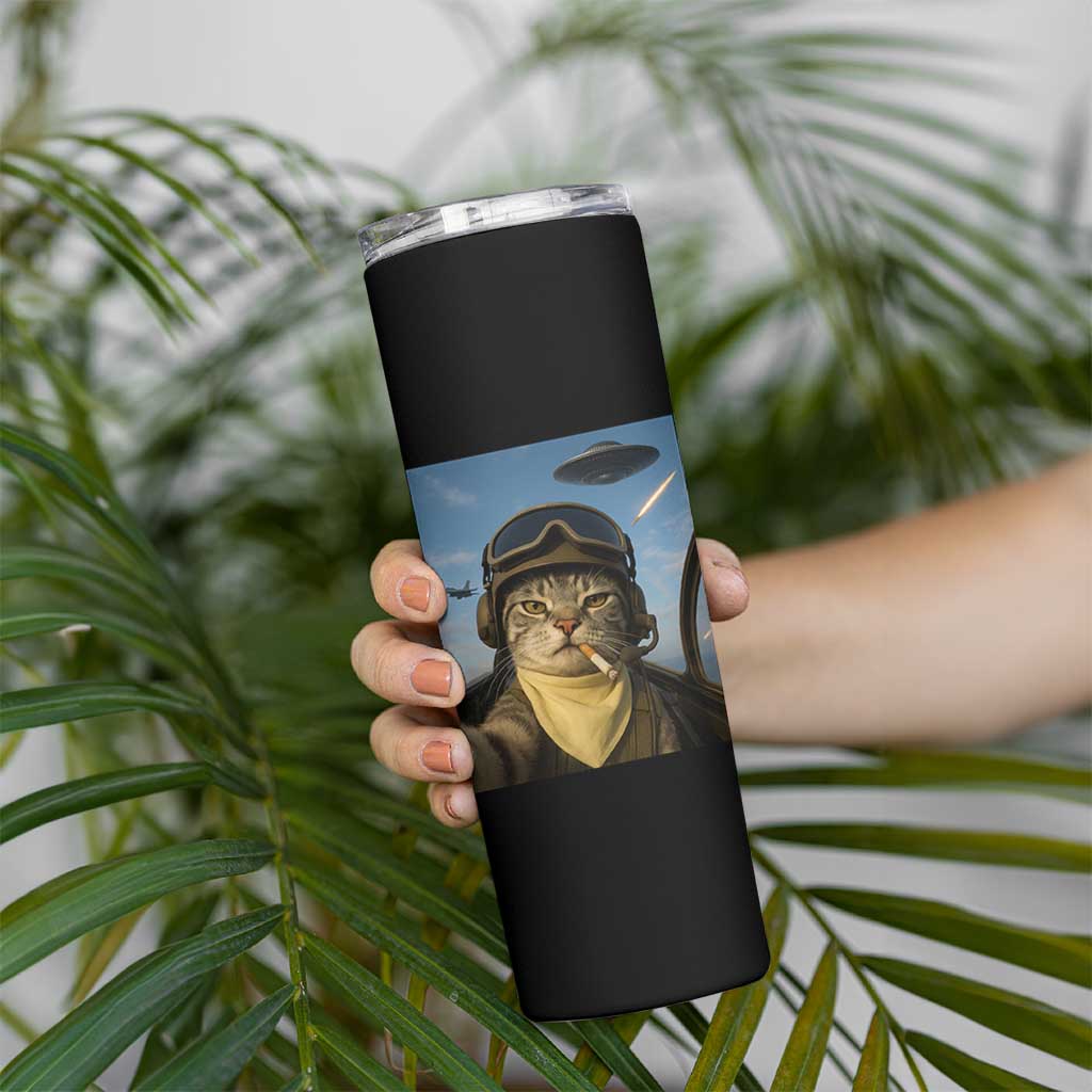 Cat Selfie With Alien UFO Skinny Tumbler Retro Space Sci-Fi Cat Pilot - Wonder Print Shop
