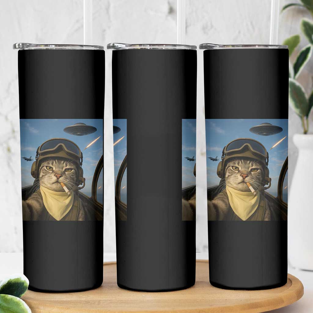 Cat Selfie With Alien UFO Skinny Tumbler Retro Space Sci-Fi Cat Pilot - Wonder Print Shop