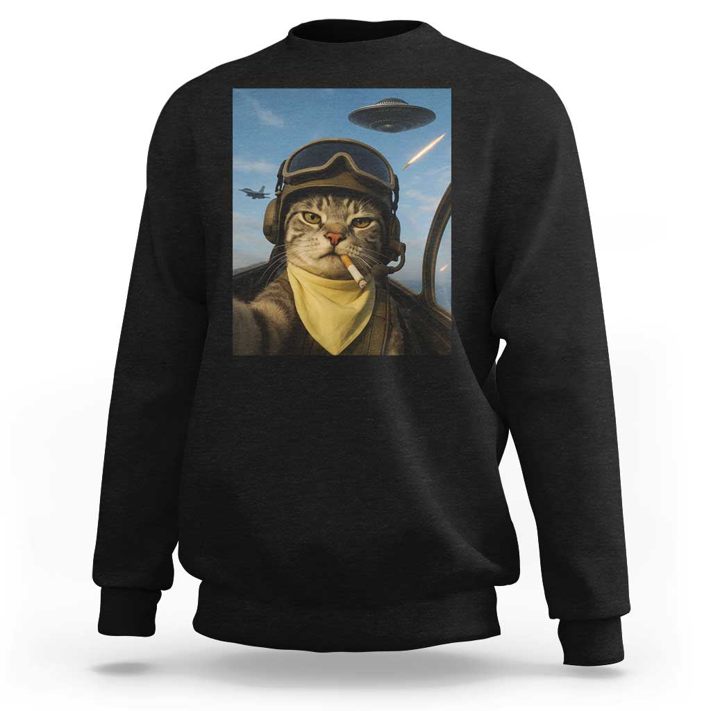 Cat Selfie With Alien UFO Sweatshirt Retro Space Sci-Fi Cat Pilot - Wonder Print Shop