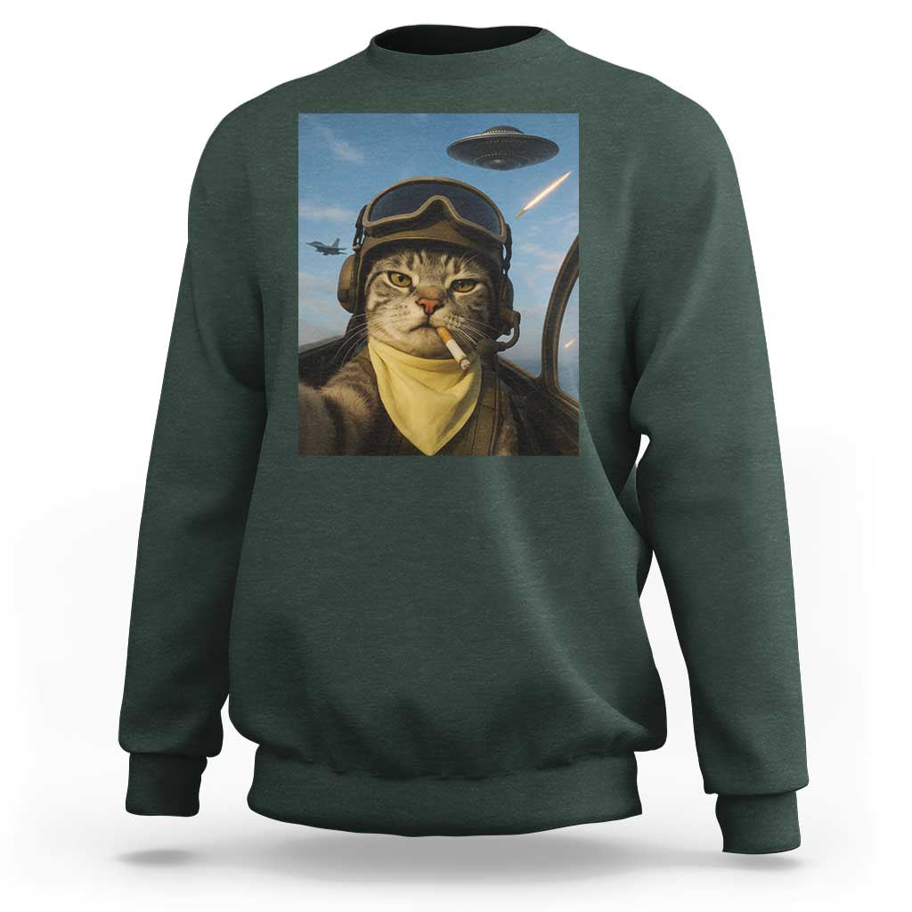 Cat Selfie With Alien UFO Sweatshirt Retro Space Sci-Fi Cat Pilot - Wonder Print Shop