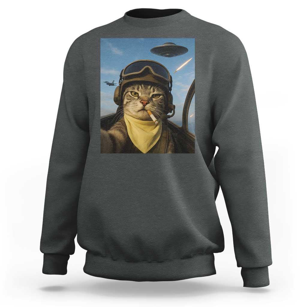 Cat Selfie With Alien UFO Sweatshirt Retro Space Sci-Fi Cat Pilot - Wonder Print Shop