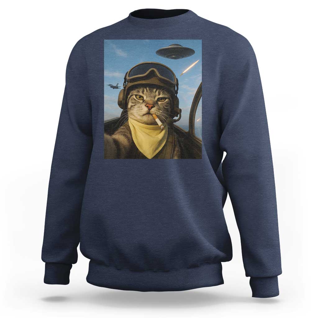 Cat Selfie With Alien UFO Sweatshirt Retro Space Sci-Fi Cat Pilot - Wonder Print Shop