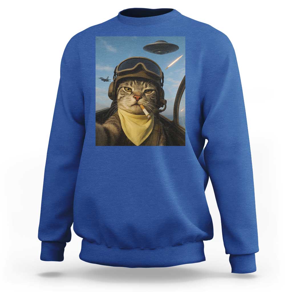Cat Selfie With Alien UFO Sweatshirt Retro Space Sci-Fi Cat Pilot - Wonder Print Shop