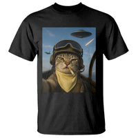 Cat Selfie With Alien UFO T Shirt Retro Space Sci-Fi Cat Pilot - Wonder Print Shop