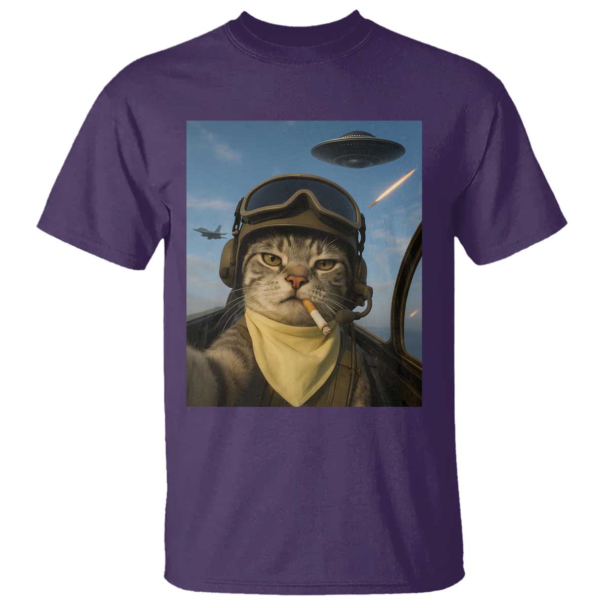 Cat Selfie With Alien UFO T Shirt Retro Space Sci-Fi Cat Pilot - Wonder Print Shop