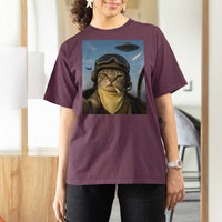 Cat Selfie With Alien UFO T Shirt For Women Retro Space Sci-Fi Cat Pilot - Wonder Print Shop