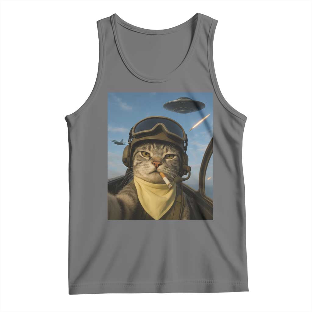 Cat Selfie With Alien UFO Tank Top Retro Space Sci-Fi Cat Pilot - Wonder Print Shop