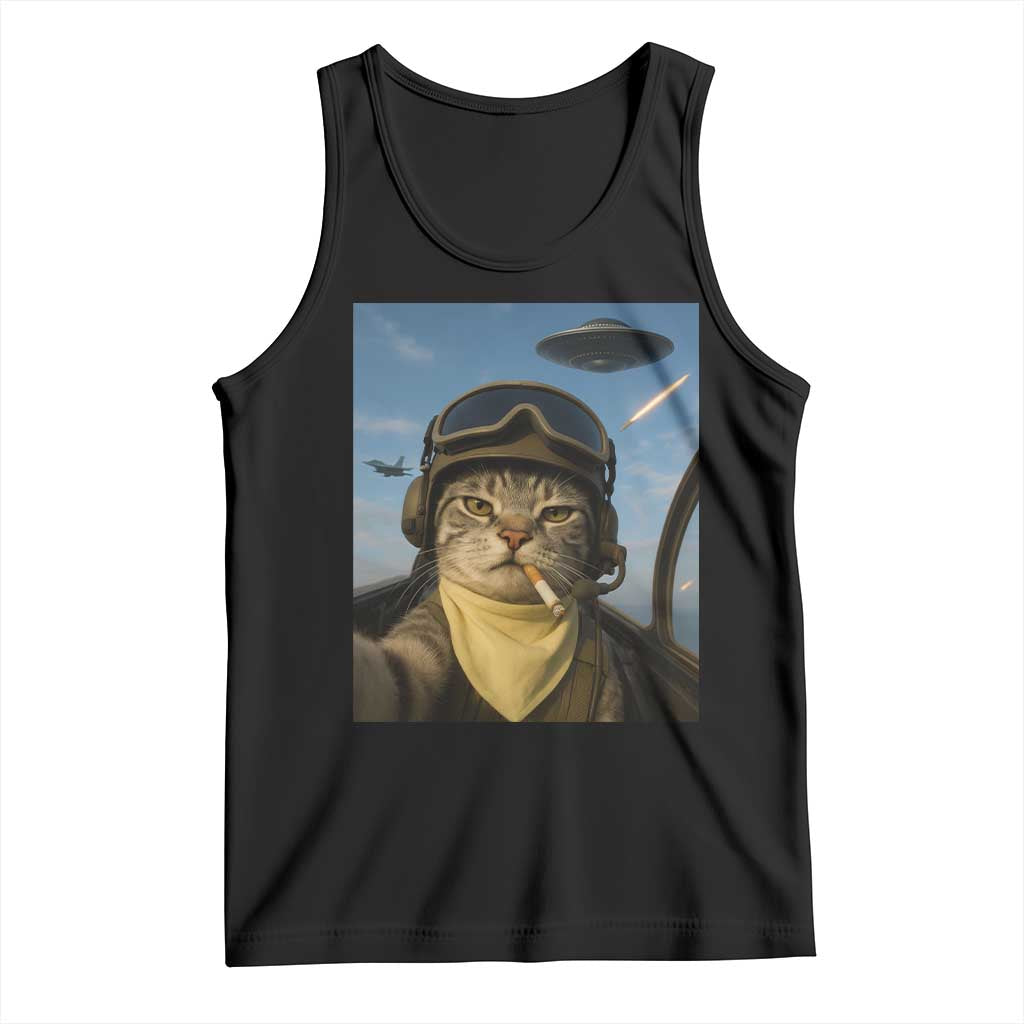 Cat Selfie With Alien UFO Tank Top Retro Space Sci-Fi Cat Pilot - Wonder Print Shop