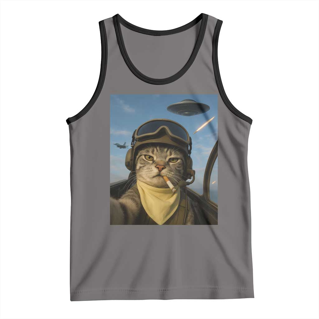 Cat Selfie With Alien UFO Tank Top Retro Space Sci-Fi Cat Pilot - Wonder Print Shop