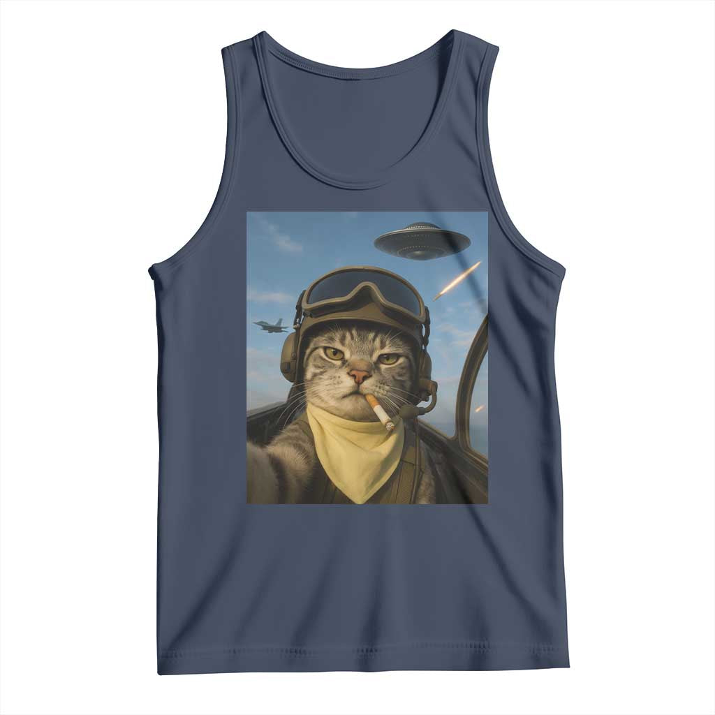 Cat Selfie With Alien UFO Tank Top Retro Space Sci-Fi Cat Pilot - Wonder Print Shop