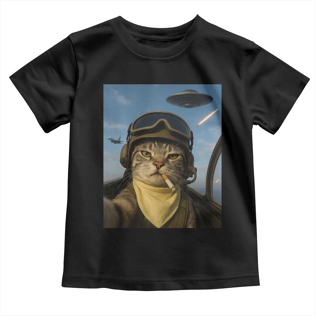 Cat Selfie With Alien UFO Toddler T Shirt Retro Space Sci-Fi Cat Pilot - Wonder Print Shop
