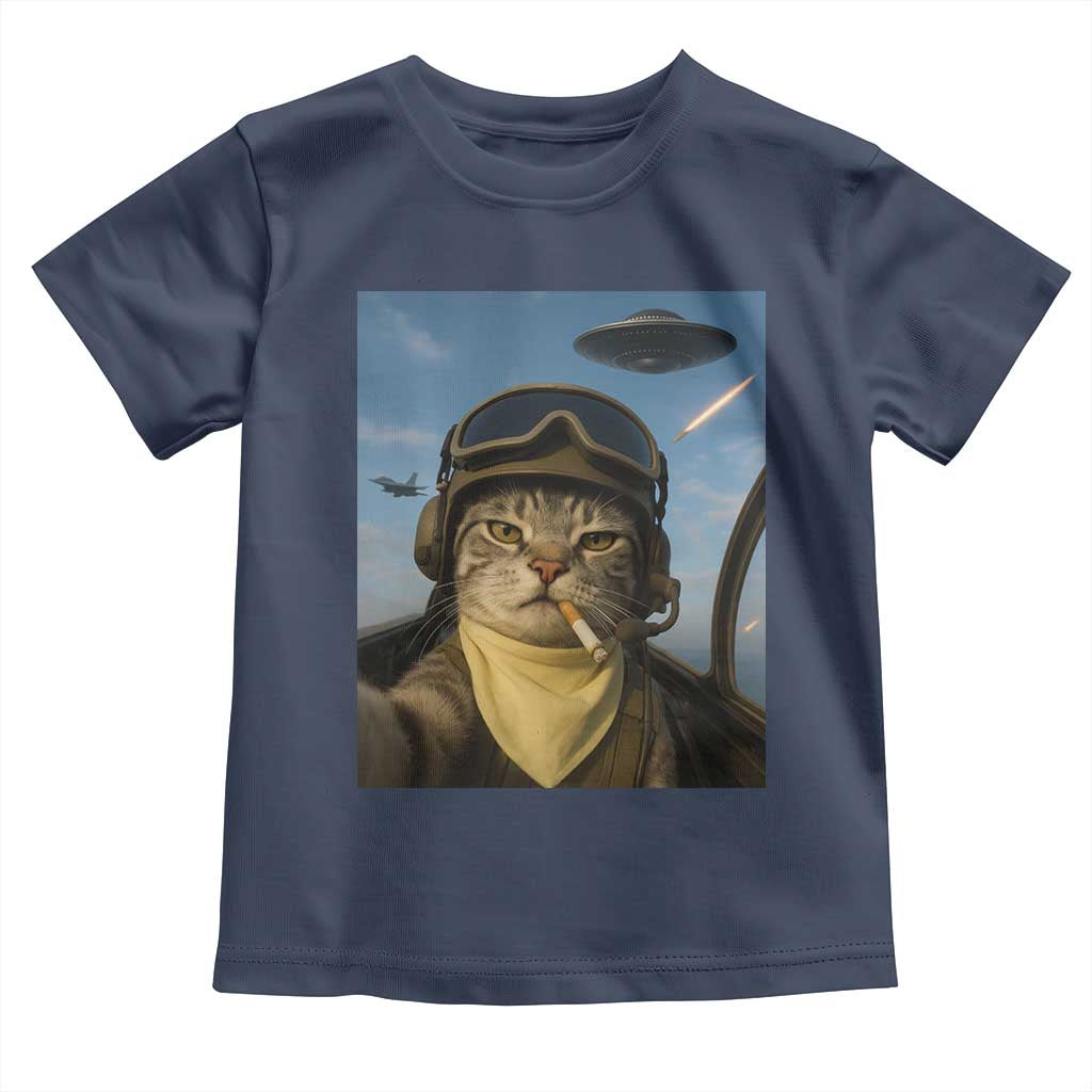 Cat Selfie With Alien UFO Toddler T Shirt Retro Space Sci-Fi Cat Pilot - Wonder Print Shop