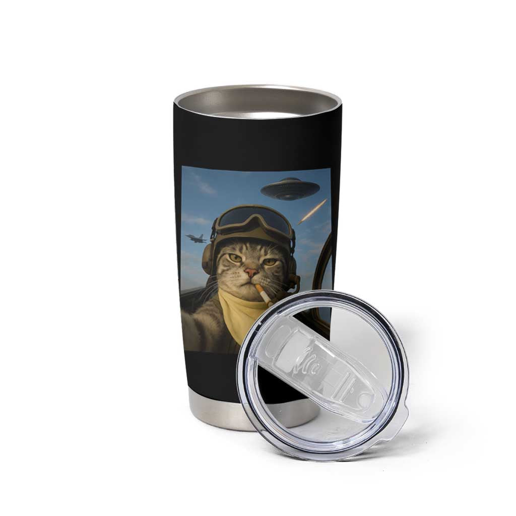Cat Selfie With Alien UFO Tumbler Cup Retro Space Sci-Fi Cat Pilot - Wonder Print Shop