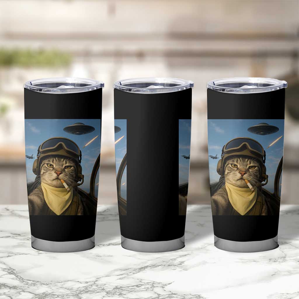 Cat Selfie With Alien UFO Tumbler Cup Retro Space Sci-Fi Cat Pilot - Wonder Print Shop