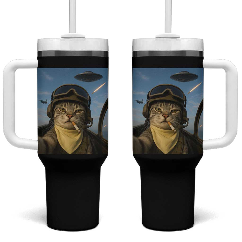 Cat Selfie With Alien UFO Tumbler With Handle Retro Space Sci-Fi Cat Pilot - Wonder Print Shop