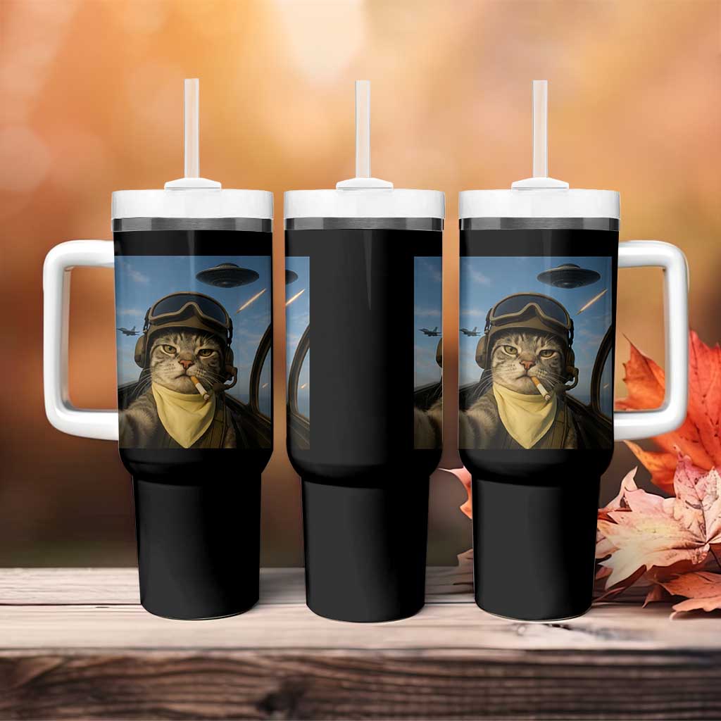 Cat Selfie With Alien UFO Tumbler With Handle Retro Space Sci-Fi Cat Pilot - Wonder Print Shop