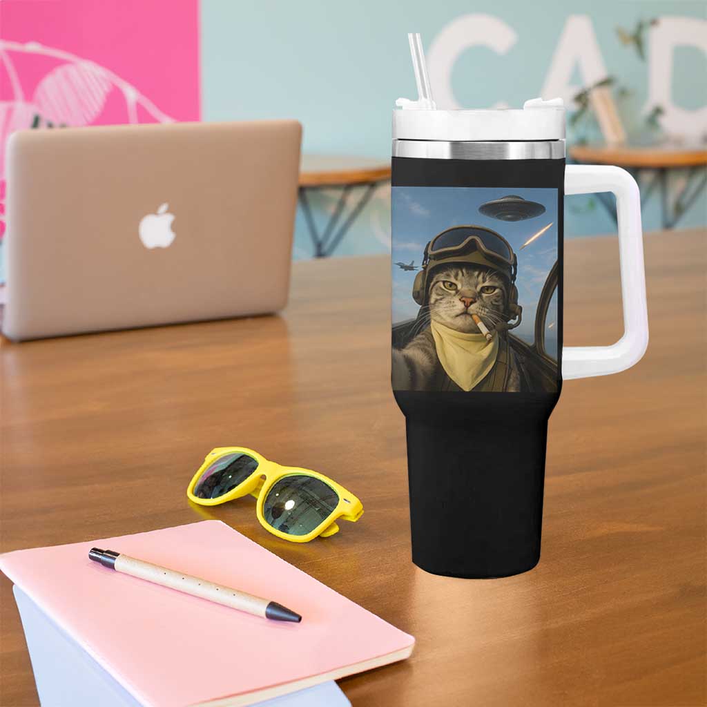 Cat Selfie With Alien UFO Tumbler With Handle Retro Space Sci-Fi Cat Pilot - Wonder Print Shop