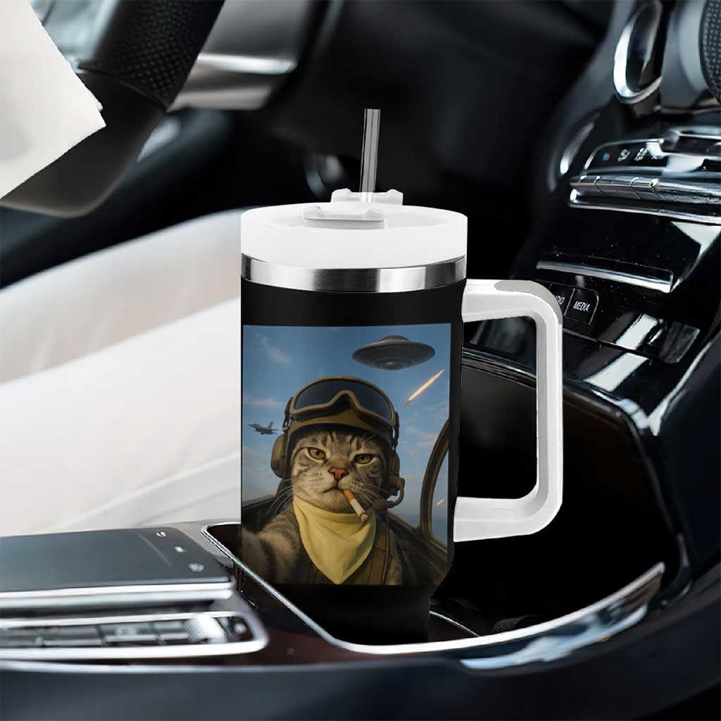 Cat Selfie With Alien UFO Tumbler With Handle Retro Space Sci-Fi Cat Pilot - Wonder Print Shop
