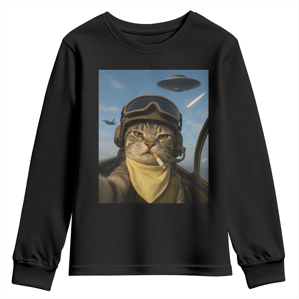 Cat Selfie With Alien UFO Youth Sweatshirt Retro Space Sci-Fi Cat Pilot - Wonder Print Shop