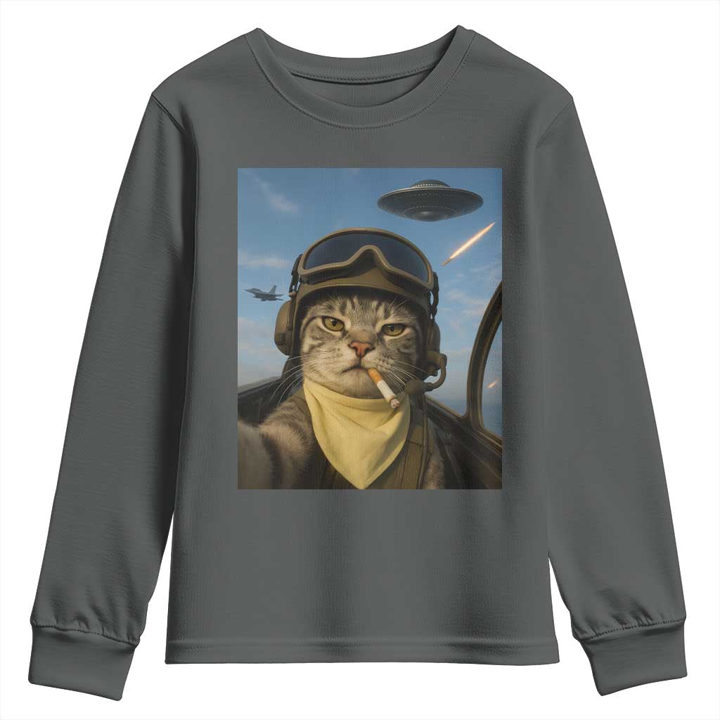 Cat Selfie With Alien UFO Youth Sweatshirt Retro Space Sci-Fi Cat Pilot - Wonder Print Shop