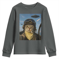 Cat Selfie With Alien UFO Youth Sweatshirt Retro Space Sci-Fi Cat Pilot - Wonder Print Shop