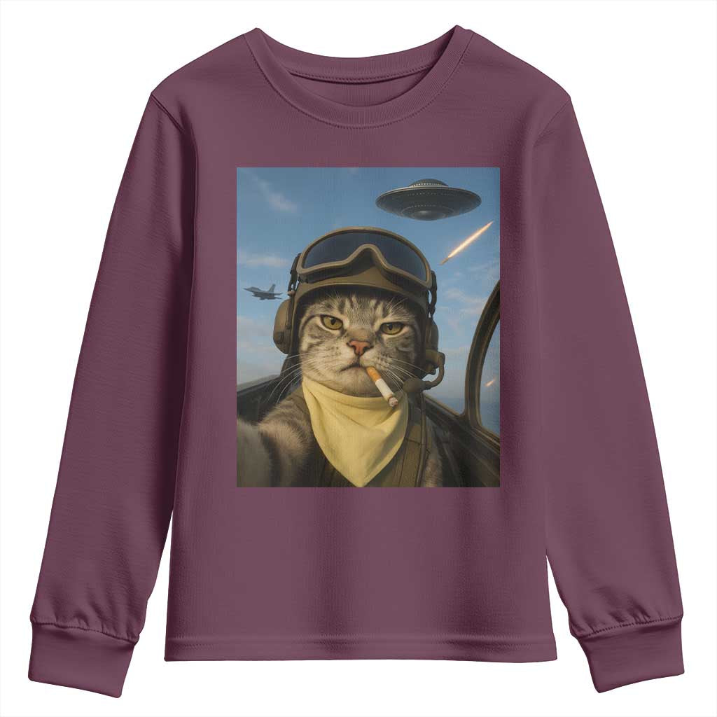 Cat Selfie With Alien UFO Youth Sweatshirt Retro Space Sci-Fi Cat Pilot - Wonder Print Shop