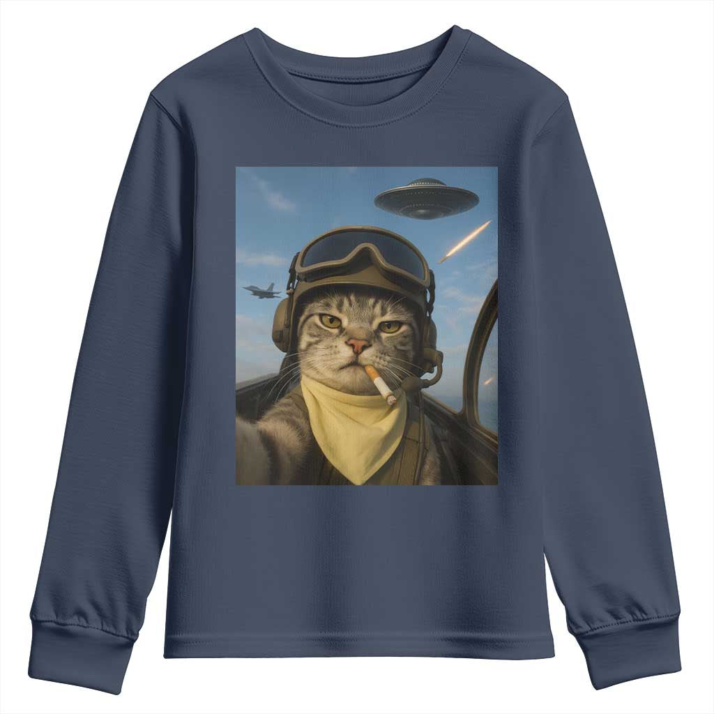 Cat Selfie With Alien UFO Youth Sweatshirt Retro Space Sci-Fi Cat Pilot - Wonder Print Shop