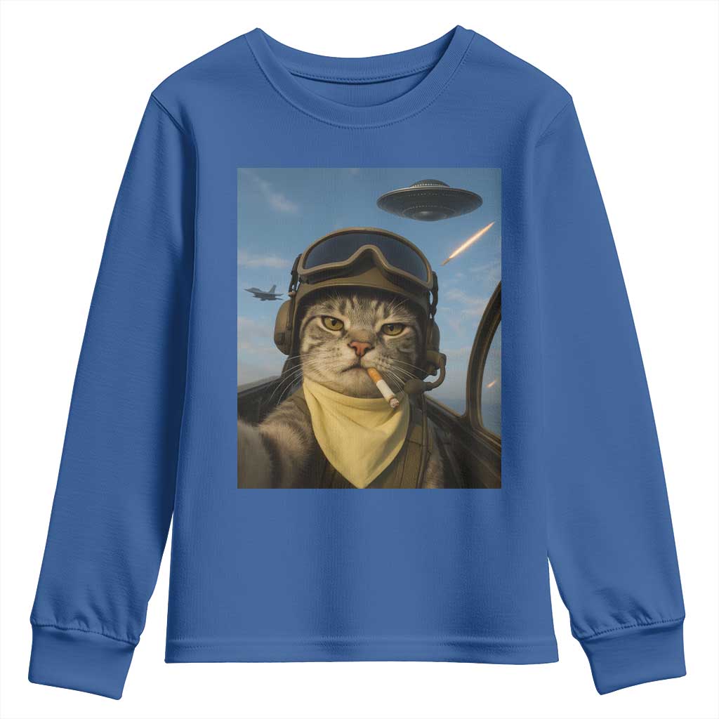 Cat Selfie With Alien UFO Youth Sweatshirt Retro Space Sci-Fi Cat Pilot - Wonder Print Shop