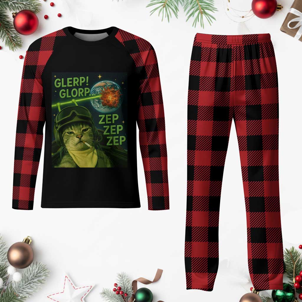 Funny UFO Alien Cat Selfie Plaid Pajama Set Retro Space Sci-Fi Cat Pilot - Wonder Print Shop