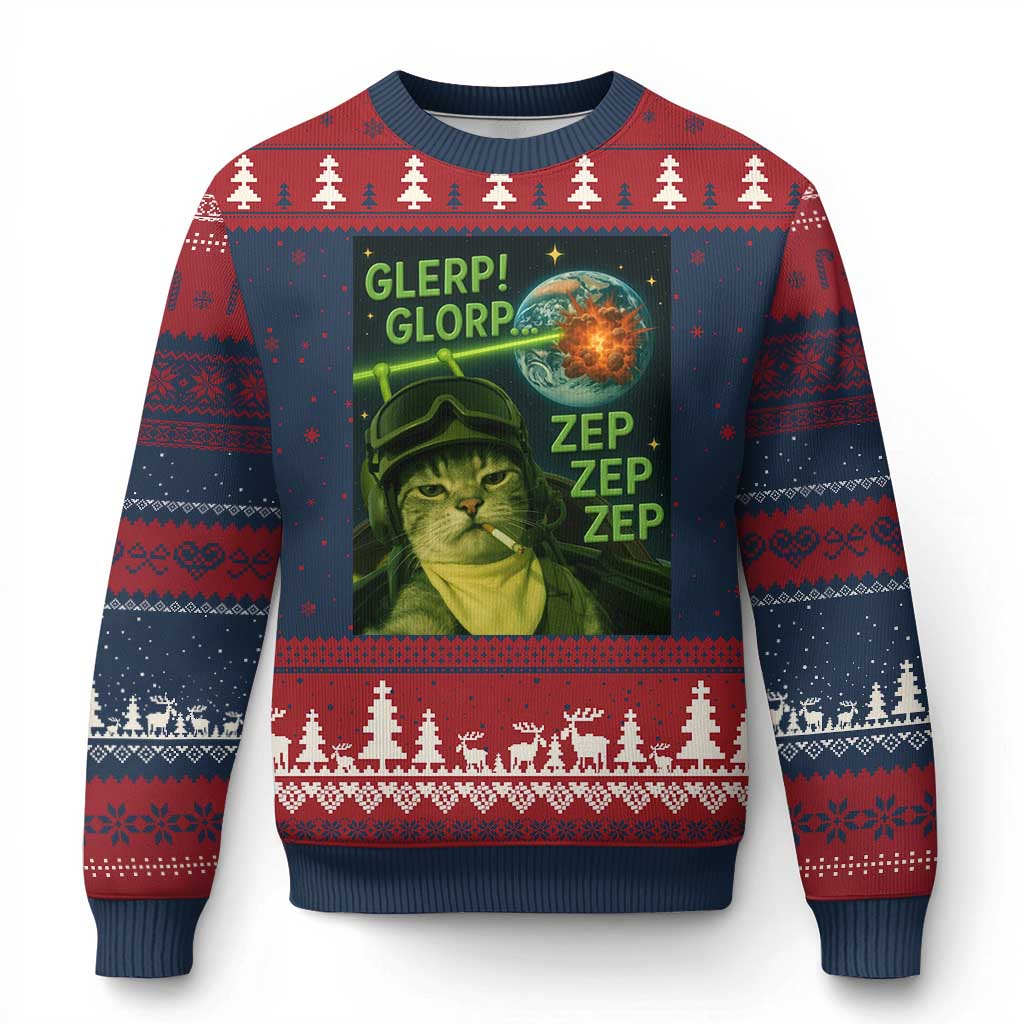 Funny UFO Alien Cat Selfie Ugly Christmas Sweater Retro Space Sci-Fi Cat Pilot - Wonder Print Shop