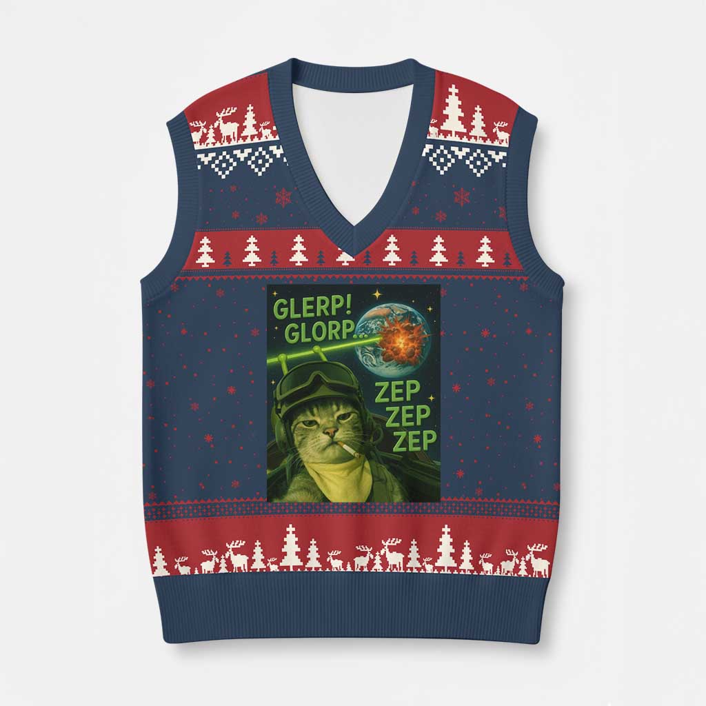 Funny UFO Alien Cat Selfie V-Neck Knit Sweater Vest Retro Space Sci-Fi Cat Pilot - Wonder Print Shop