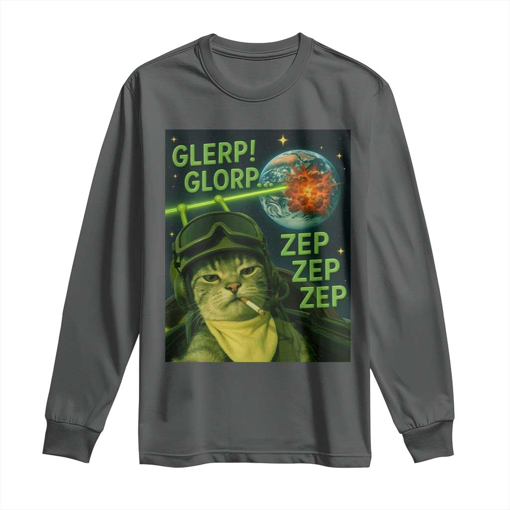 Funny UFO Alien Cat Selfie Long Sleeve Shirt Retro Space Sci-Fi Cat Pilot - Wonder Print Shop