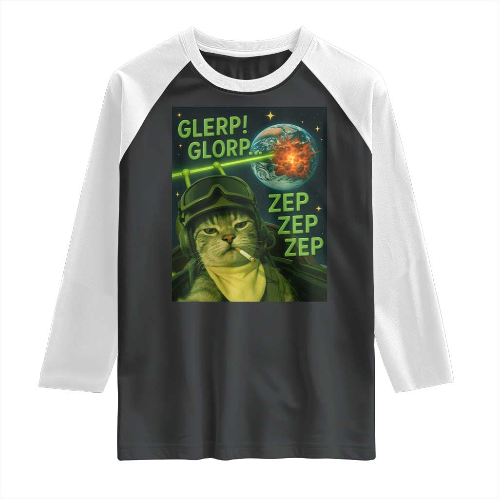 Funny UFO Alien Cat Selfie Raglan Shirt Retro Space Sci-Fi Cat Pilot - Wonder Print Shop