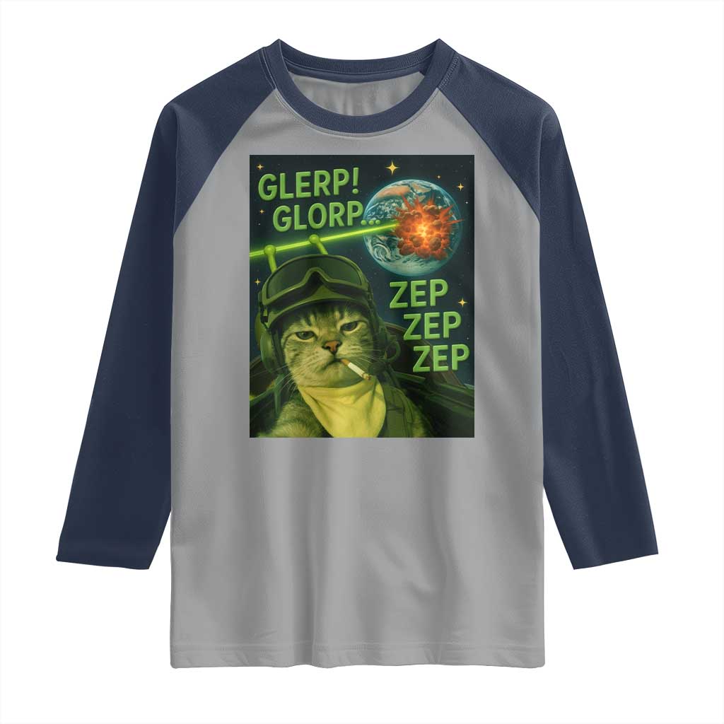 Funny UFO Alien Cat Selfie Raglan Shirt Retro Space Sci-Fi Cat Pilot - Wonder Print Shop