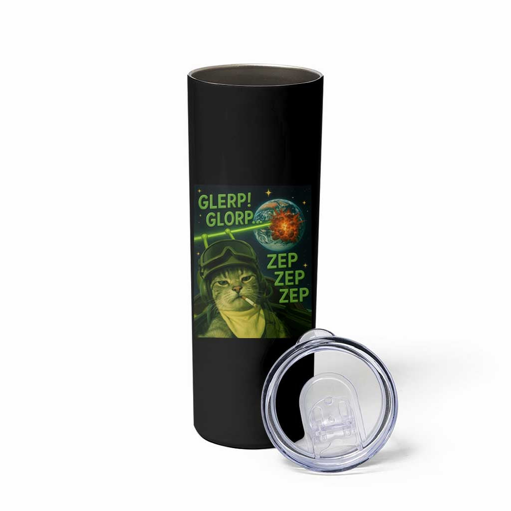 Funny UFO Alien Cat Selfie Skinny Tumbler Retro Space Sci-Fi Cat Pilot - Wonder Print Shop