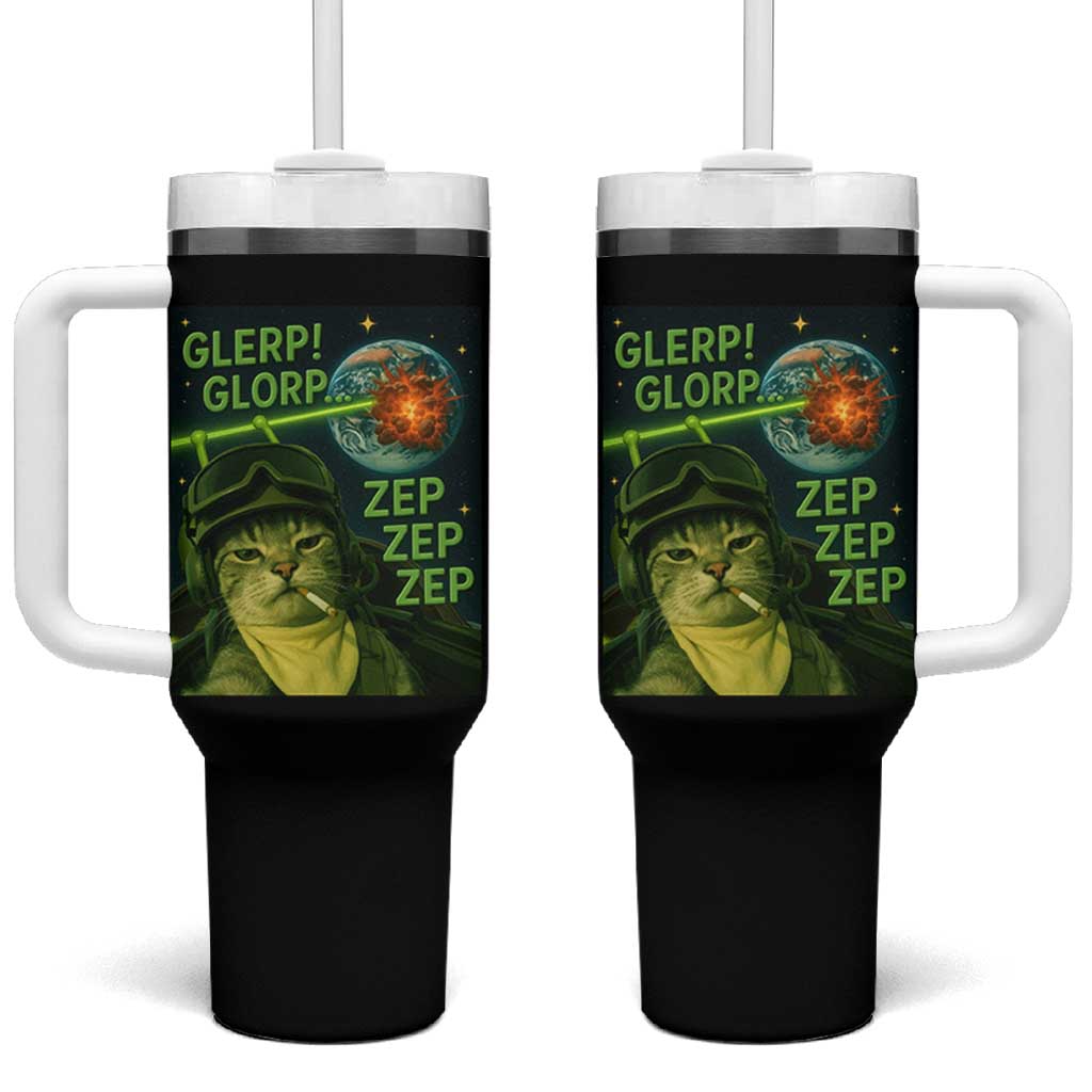 Funny UFO Alien Cat Selfie Tumbler With Handle Retro Space Sci-Fi Cat Pilot - Wonder Print Shop