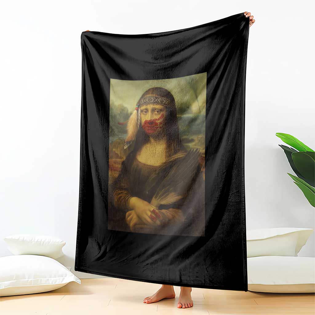 MMIW Awareness Throw Blanket Mona Lisa Red Handprint Indigenous Woman Stop Stolen Sisters