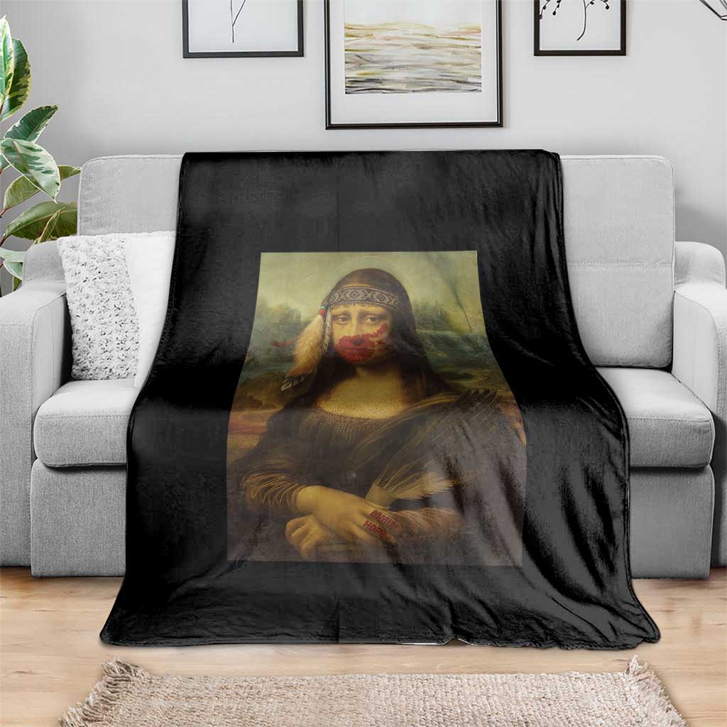 MMIW Awareness Throw Blanket Mona Lisa Red Handprint Indigenous Woman Stop Stolen Sisters