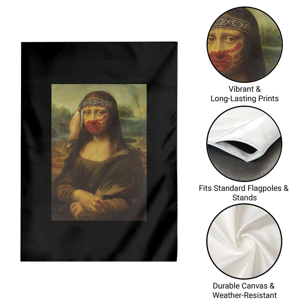 MMIW Awareness Garden Flag Mona Lisa Red Handprint Indigenous Woman Stop Stolen Sisters