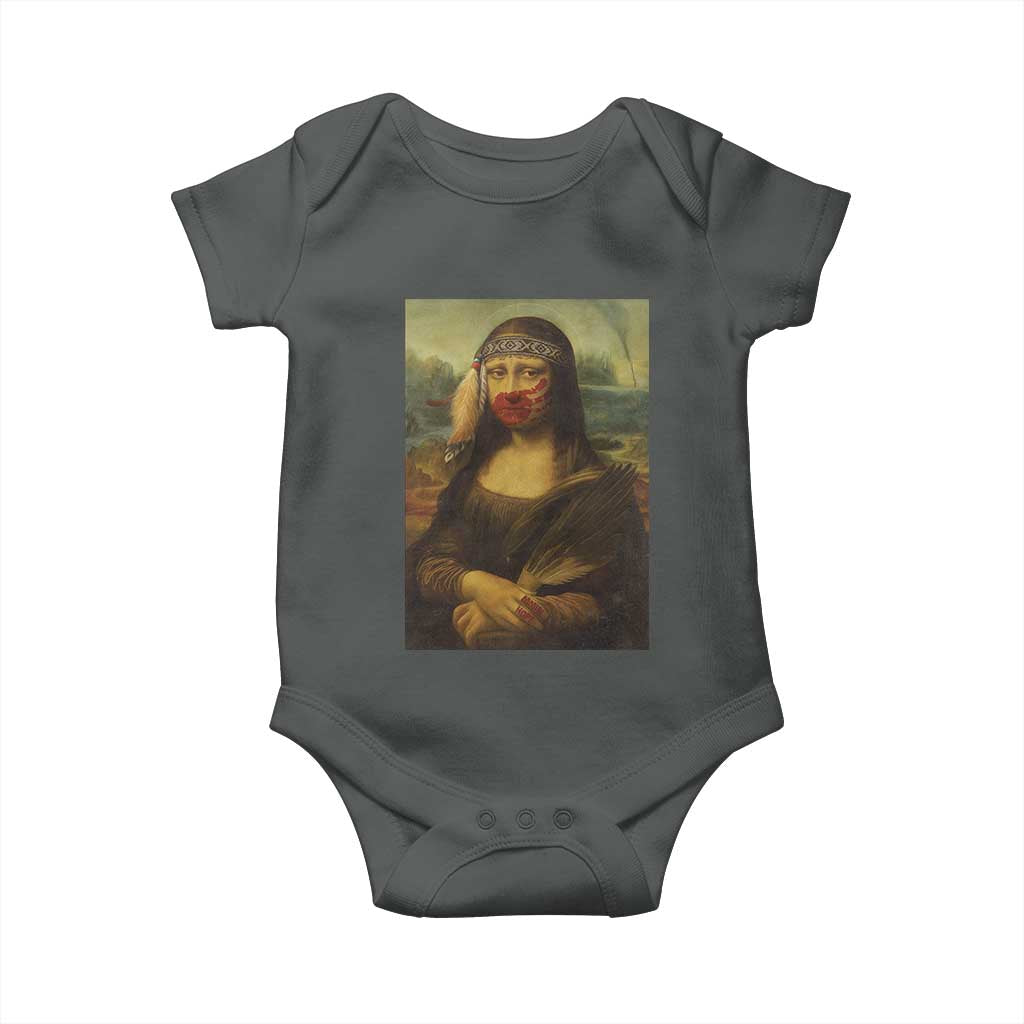 MMIW Awareness Baby Onesie Mona Lisa Red Handprint Indigenous Woman Stop Stolen Sisters